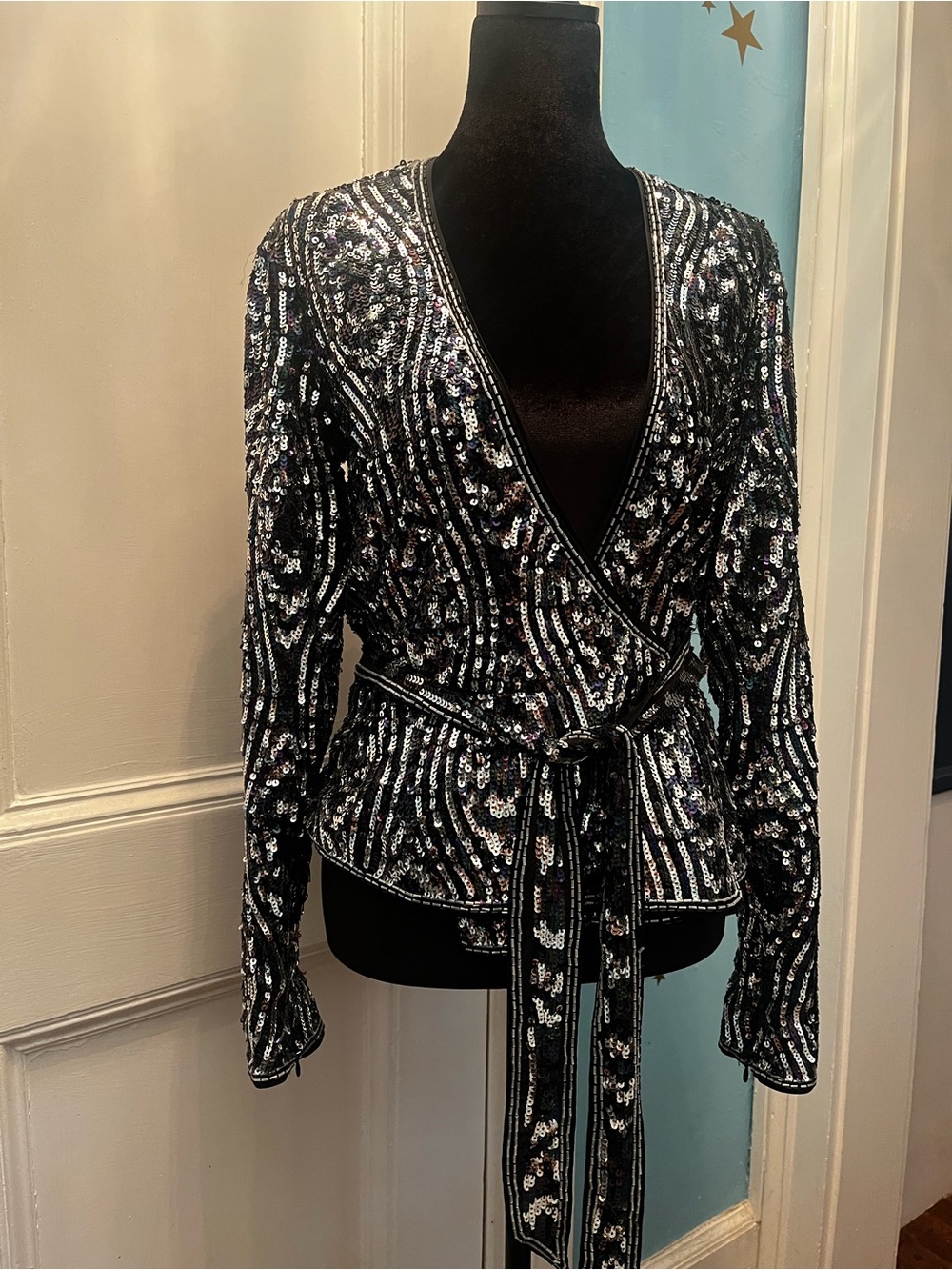 Rodarte Black and Silver Sequin Wrap Jacket